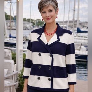 Lands' End Navy & White Soft Supima Cotton Cardigan Petite Medium